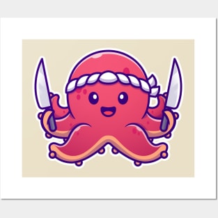 Octopus Chef Holding Knife Cartoon Posters and Art